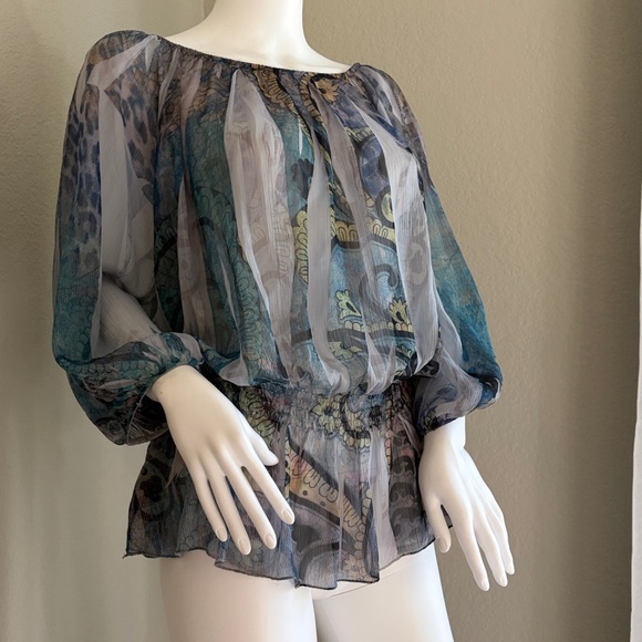 Amoure Couture sheer whimsigoth / boho top with smocked waistband, poet sleeves - Picture 2 of 9